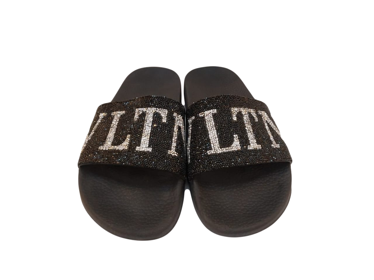 BLACK CRYSTAL LOGO SLIDE SANDALS