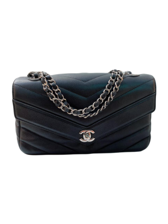 BLACK CAVIAR CHEVRON QUILTED LEATHER FLAP BAG BAG