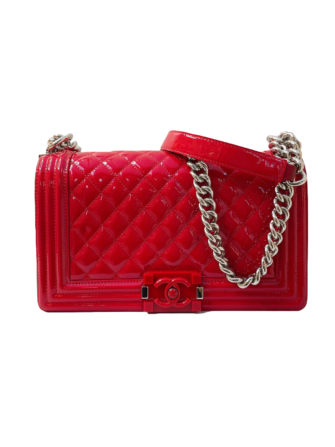 RED QUILTED PATENT LEATHER MEDIUM BOY FLAP BAG SHW