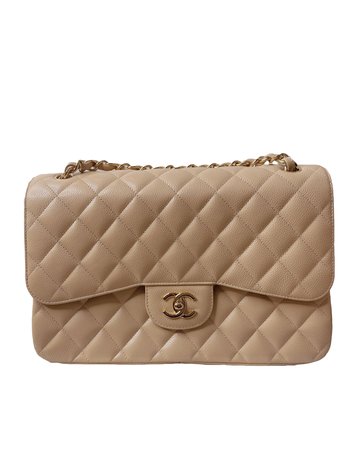 BEIGE CAVIAR QUILTED LEATHER CLASSIC JUMBO DOUBLE FLAP BAG GHW -  styleforless
