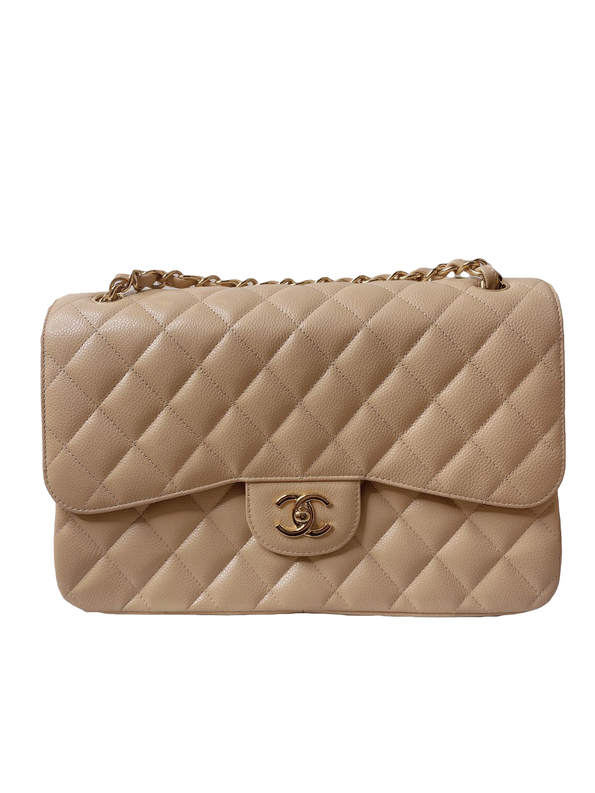 💯% Authentic Chanel Beige Caviar Quilted Jumbo Double Flap Bag with GHW