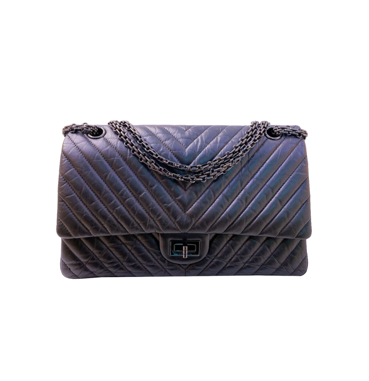 BLACK AGED CHEVRON LEATHER REISSUE SO BLACK FLAP 225 BAG