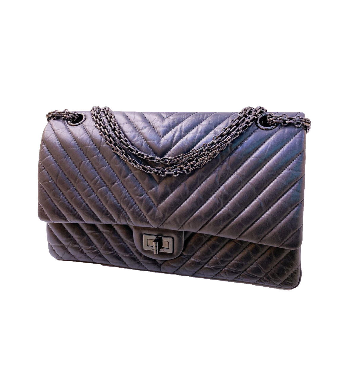BLACK AGED CHEVRON LEATHER REISSUE SO BLACK FLAP 225 BAG