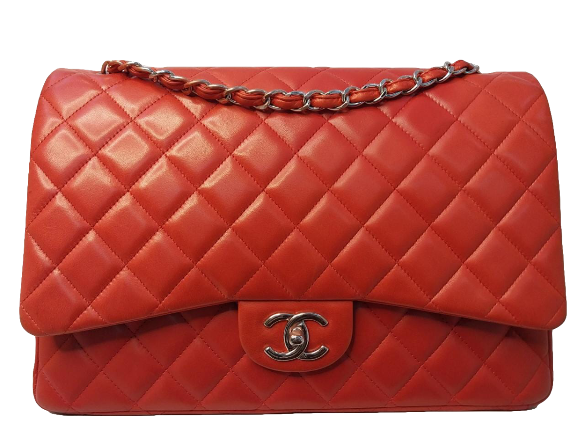 RED ORANGE LAMBSKIN LEATHER MAXI CLASSIC DOUBLE FLAP BAG