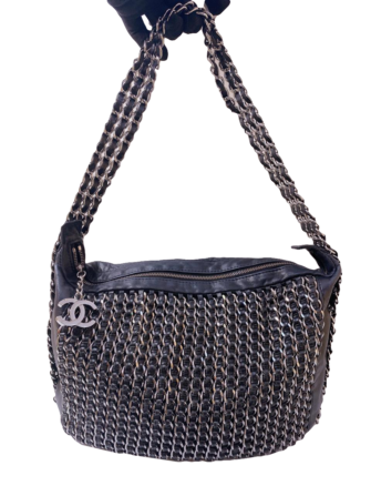 BLACK LAMBSKIN LEATHER TRIPPLE CHAIN HOBO BAG