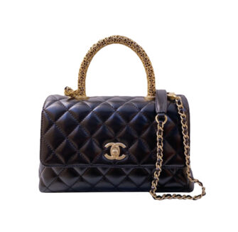 BLACK  CALFSKIN LEATHER FLAP BAG WITH TOP HANDLE GOLD TONE METAL