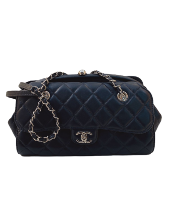 NAVY BLUE QUILTED LAMBSKIN LEATHER CC KISSLOCK FRAME COMPARTMENT BAG
