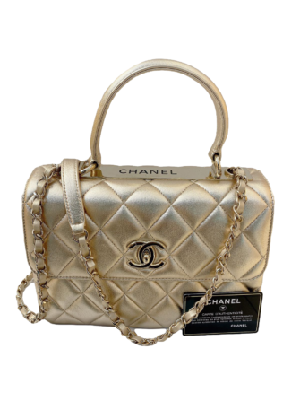 LIGHT GOLD METTALIC LAMBSKIN SMALL TRENDY CC FLAP HANDLE BAG