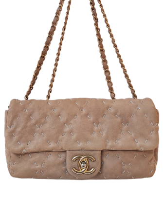 BEIGE CALFSKIN CAVIAR LEATHER WILD STITCH FLAP BAG