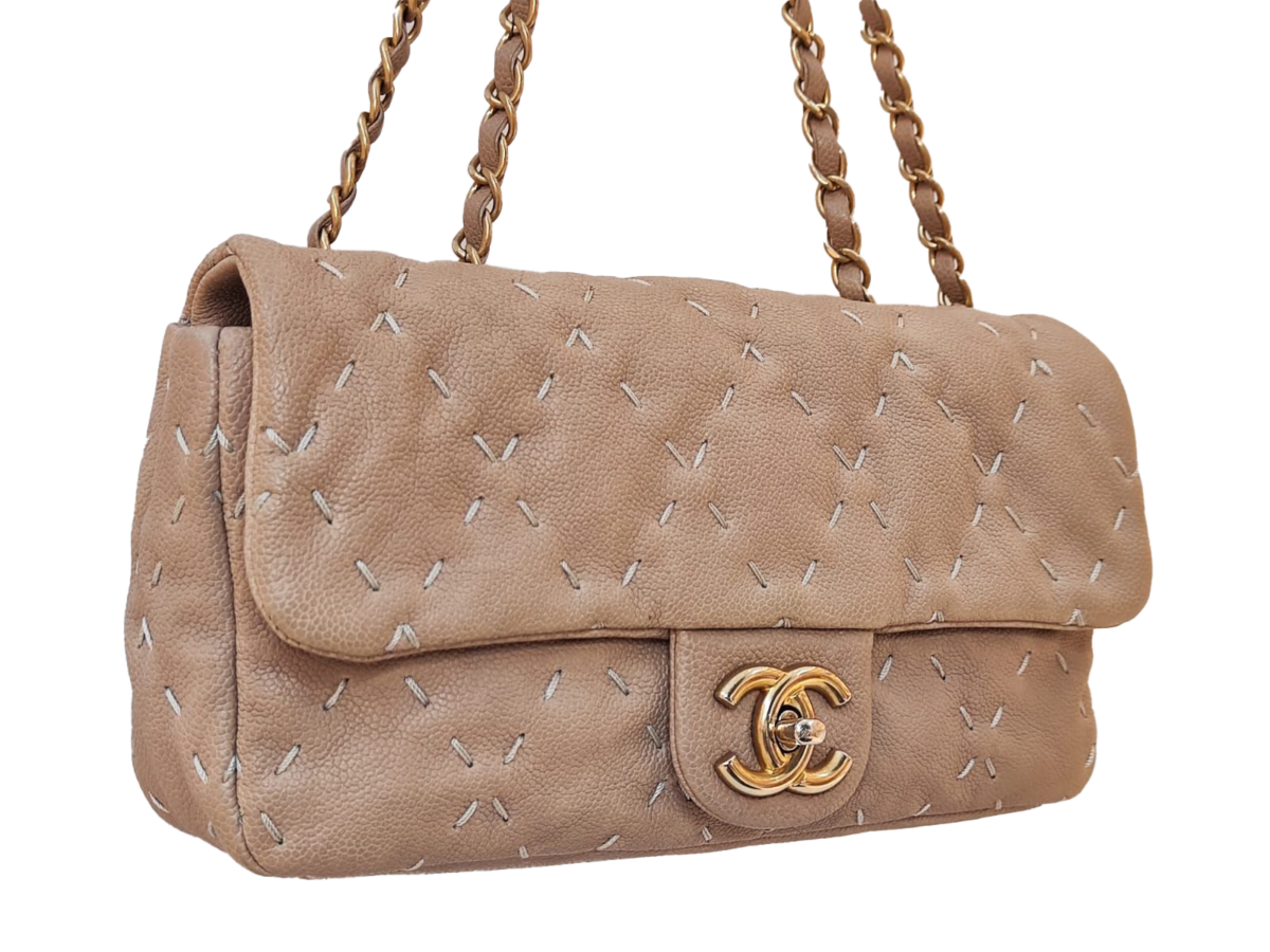 BEIGE CALFSKIN CAVIAR LEATHER WILD STITCH FLAP BAG