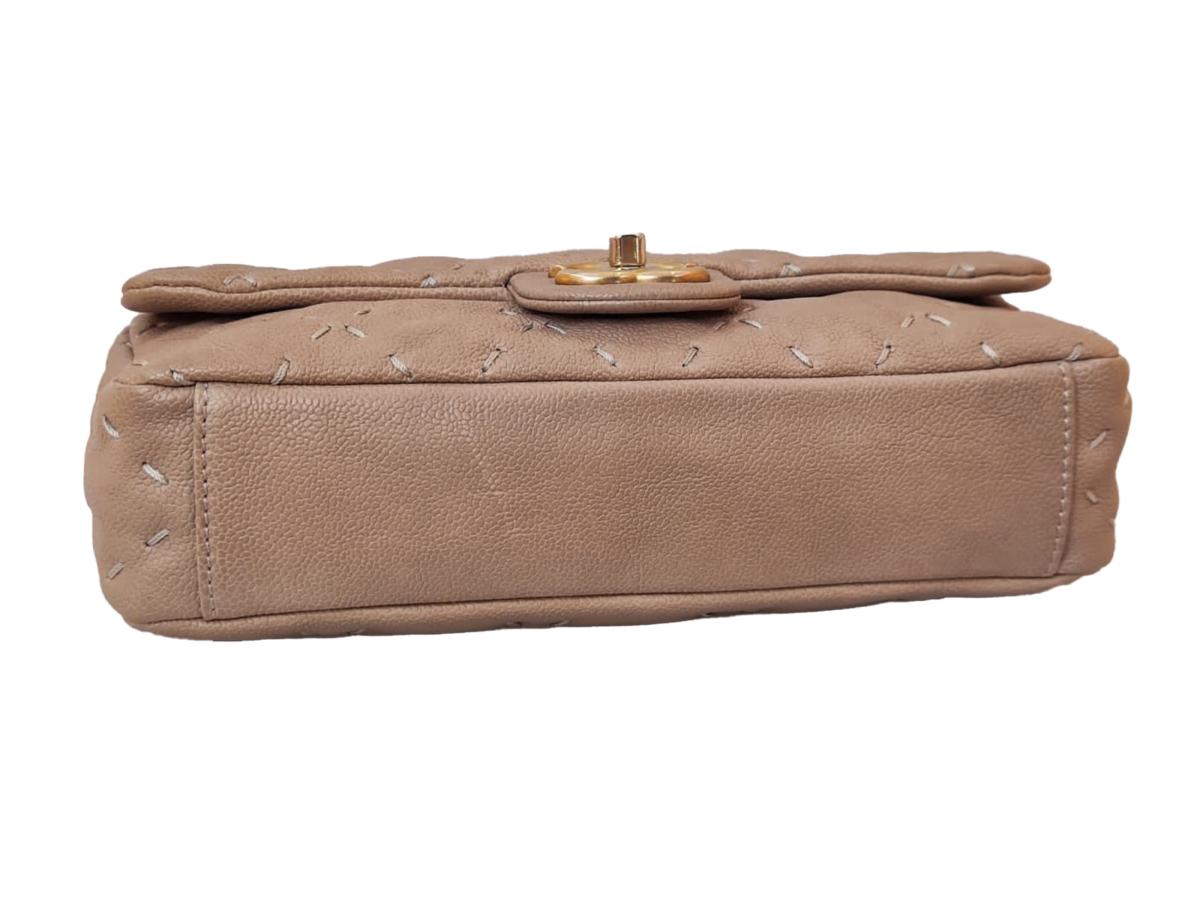 BEIGE CALFSKIN CAVIAR LEATHER WILD STITCH FLAP BAG
