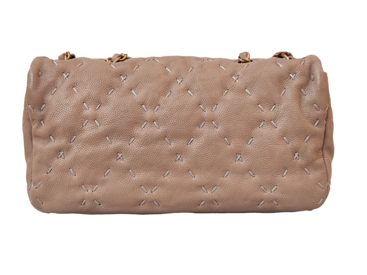 BEIGE CALFSKIN CAVIAR LEATHER WILD STITCH FLAP BAG