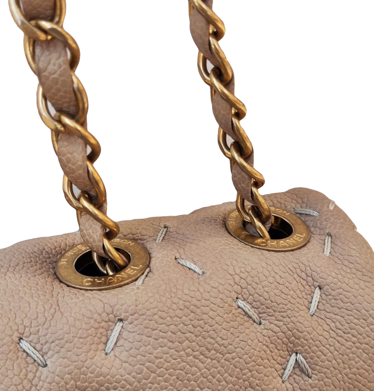 BEIGE CALFSKIN CAVIAR LEATHER WILD STITCH FLAP BAG
