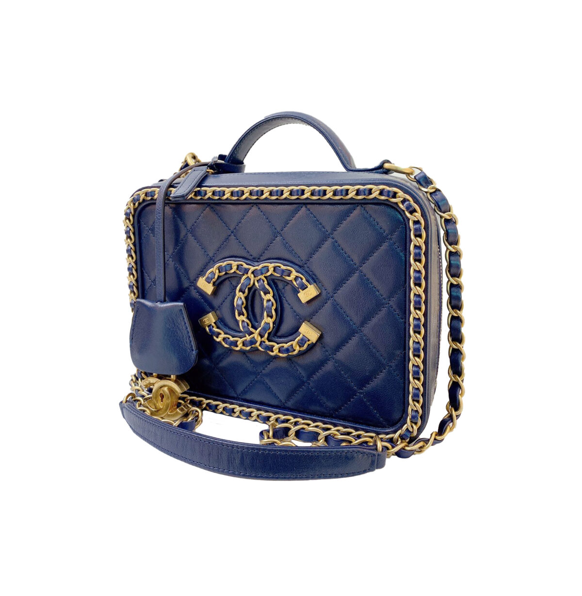 NAVY BLUE CHAIN AROUND CC FILIGREE VANITY BAG