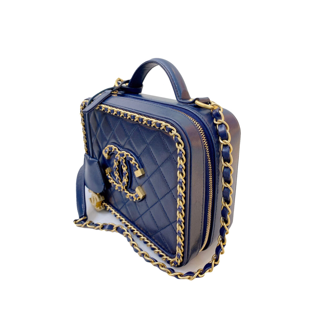 NAVY BLUE CHAIN AROUND CC FILIGREE VANITY BAG