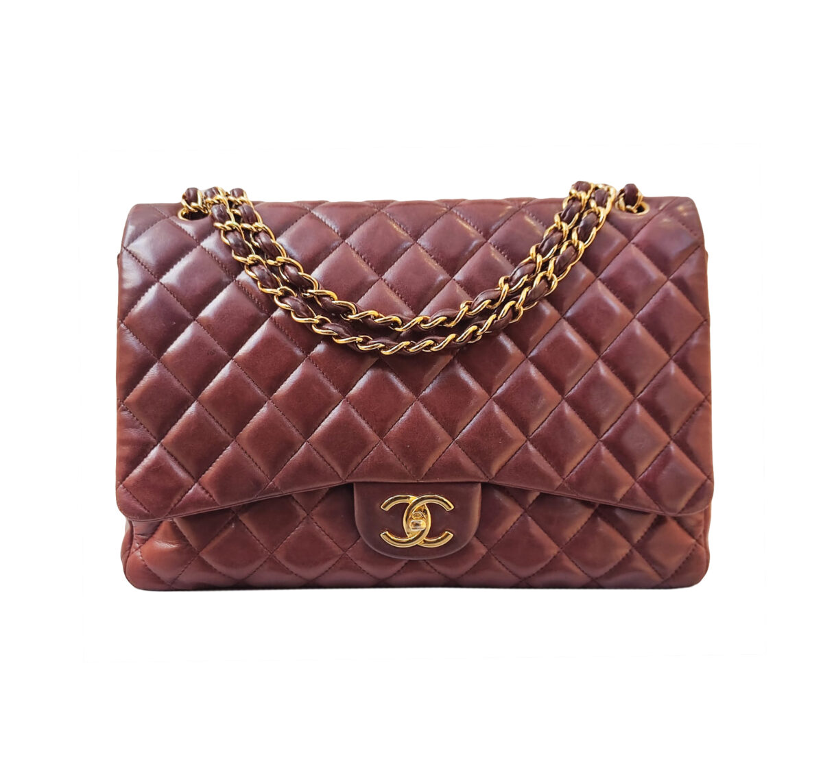 BURGUNDY LAMBSKIN QUILTED LEATHER MAXI DOUBLE FLAP BAG