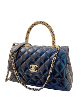 BLACK CALFSKIN LEATHER FLAP BAG WITH TOP HANDLE GHW