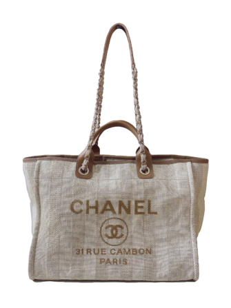 BEIGE MIXED FIBERS STRIPED LARGE DEAUVILLE TOTE BAG