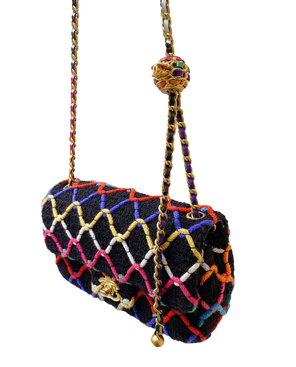 BLACK MULTICOLOR TWEED DIAMOND THREADED MINI RECTANGULAR PEARL CRUSH FLAP BAG
