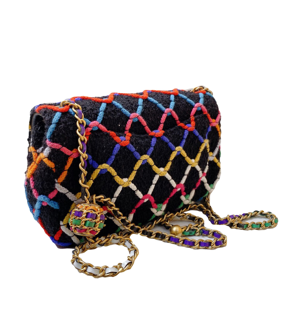 BLACK MULTICOLOR TWEED DIAMOND THREADED MINI RECTANGULAR PEARL CRUSH FLAP BAG