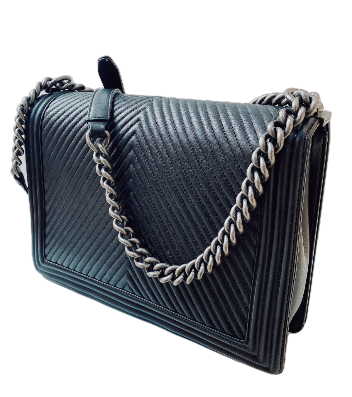 BLACK CHEVRON LEATHER LARGE LE BOY HANDBAG