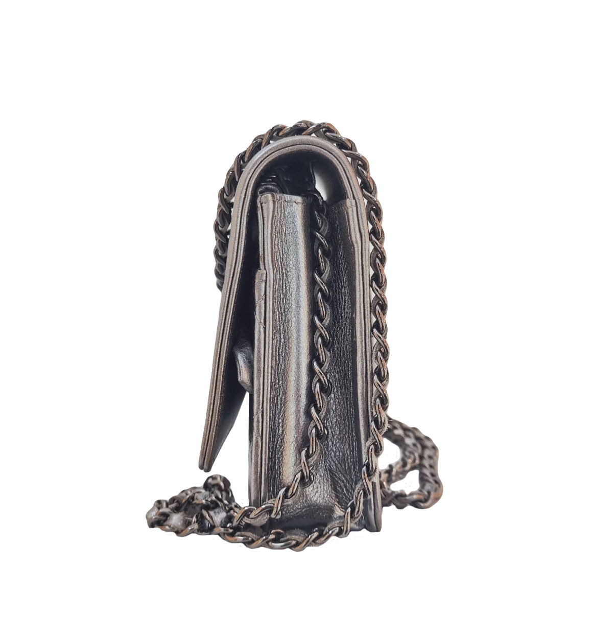 SILVER METALLIC LAMBSKIN BOY WALLET ON CHAIN
