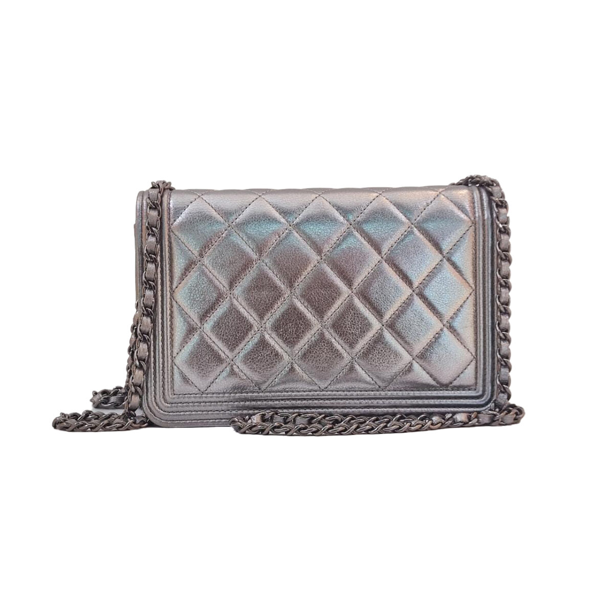 SILVER METALLIC LAMBSKIN BOY WALLET ON CHAIN