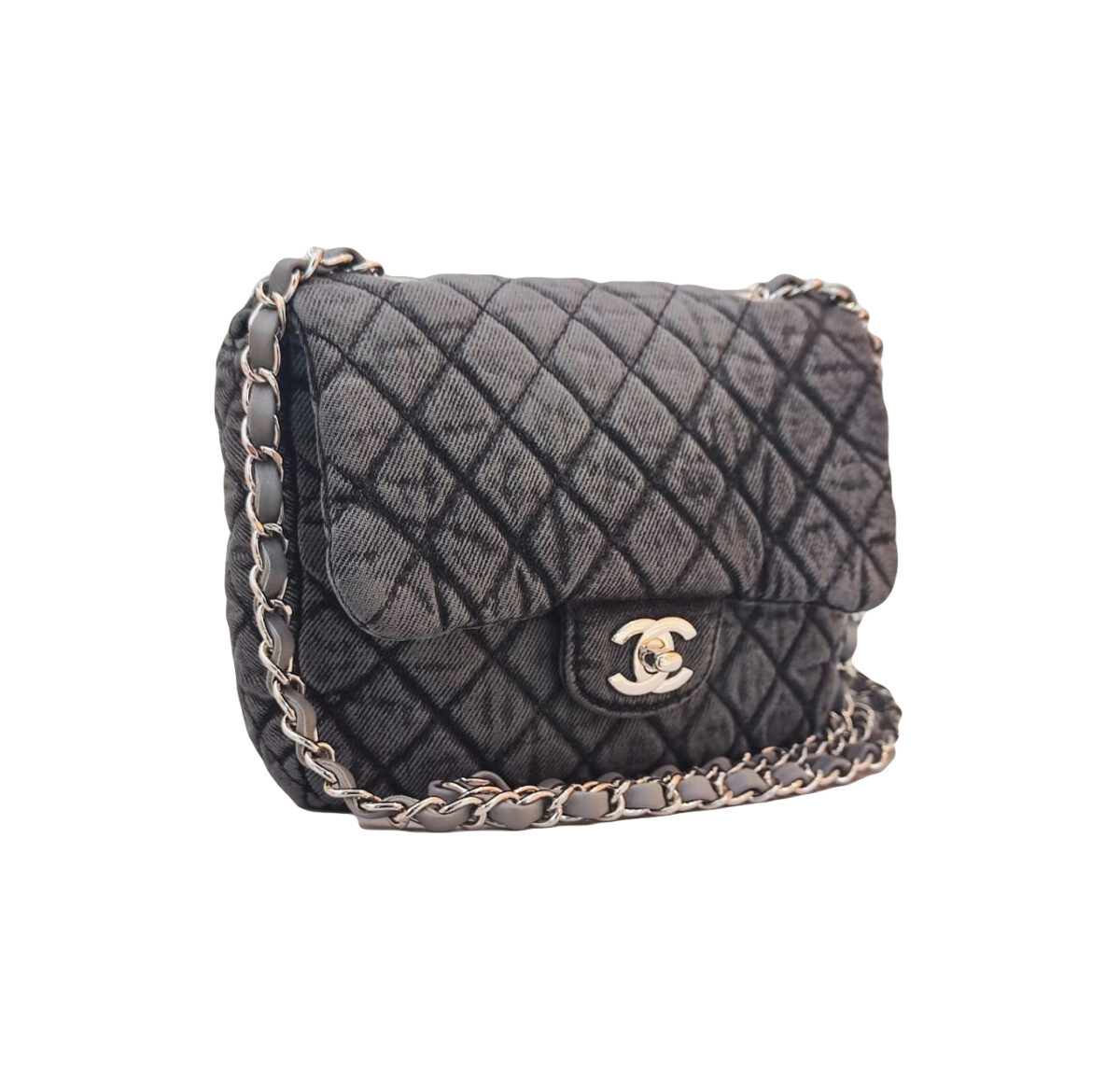 WASHED DENIM QUILTED SMAL DENIMPRESSION FLAP BAG