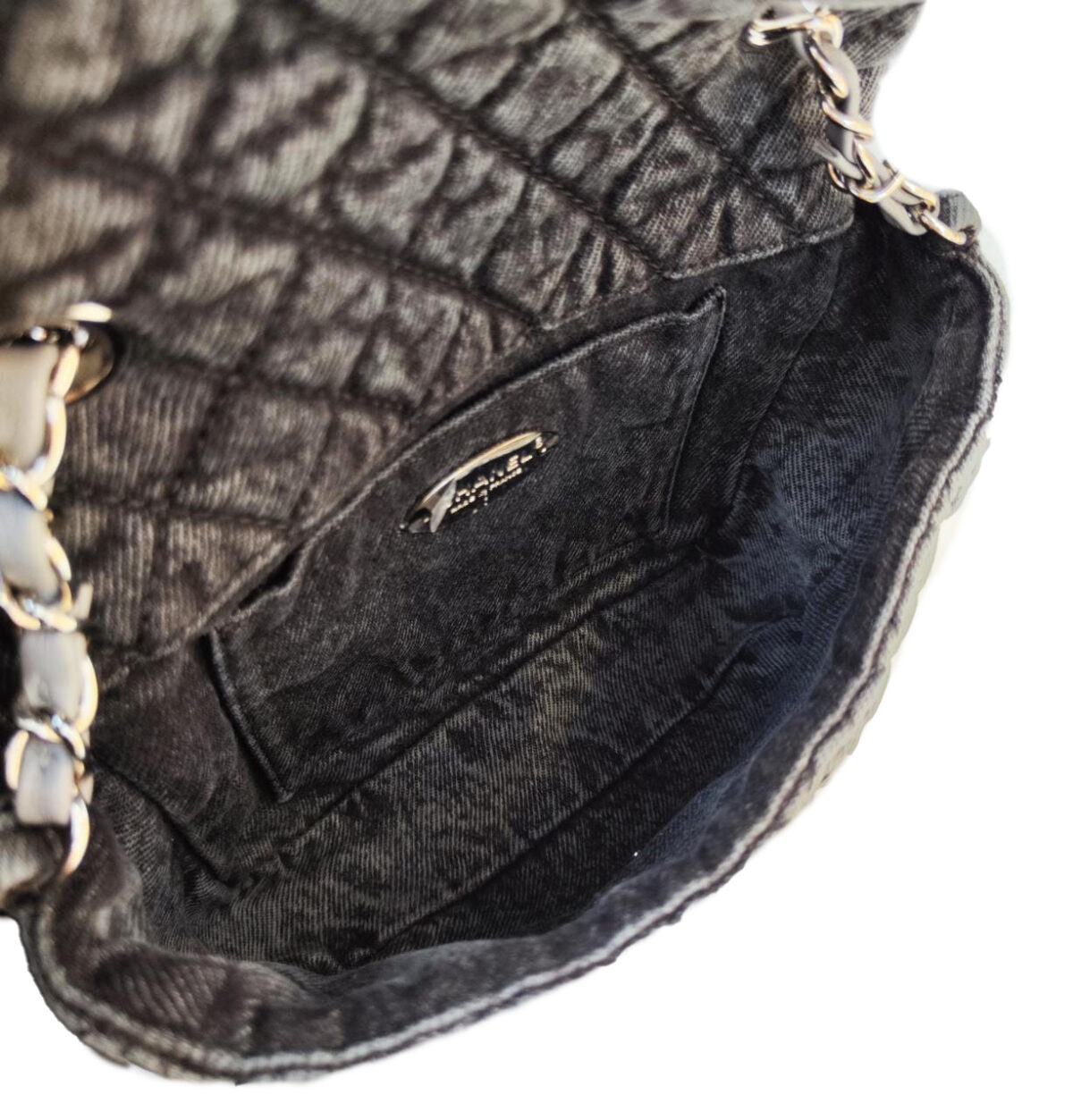 WASHED DENIM QUILTED SMAL DENIMPRESSION FLAP BAG