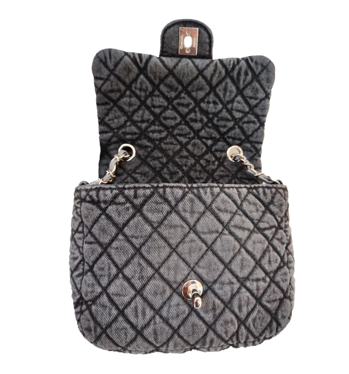 WASHED DENIM QUILTED SMAL DENIMPRESSION FLAP BAG