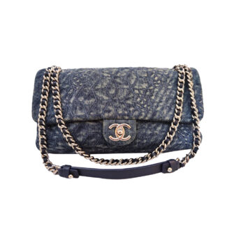 BLUE CAMELLIA EMBROIDERED QUILTED DENIM FLAP BAG SILVER HARDWARE