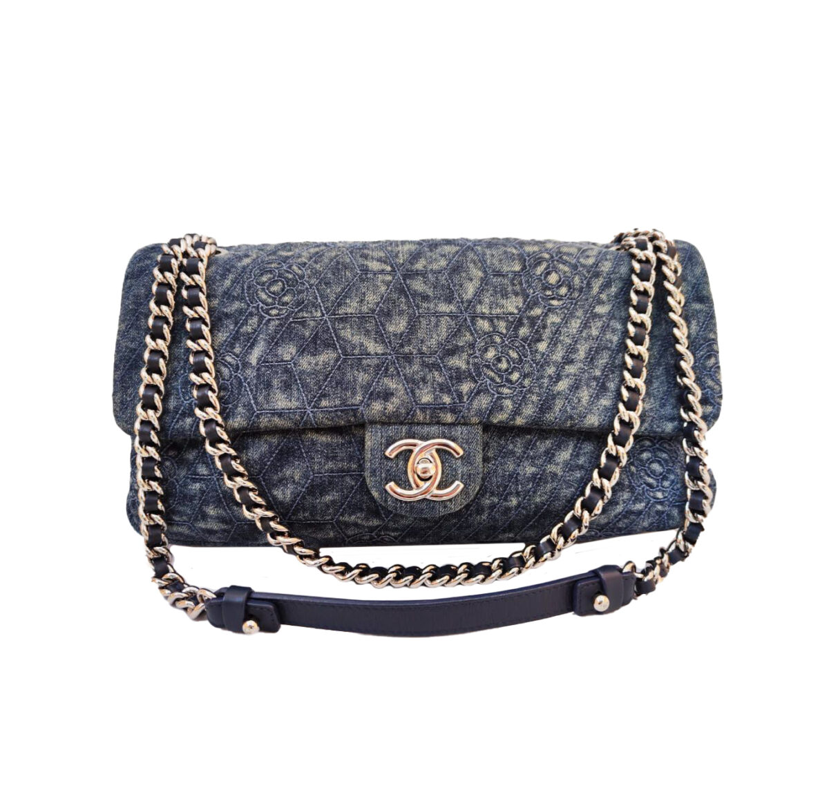 BLUE CAMELLIA EMBROIDERED QUILTED DENIM FLAP BAG SILVER HARDWARE