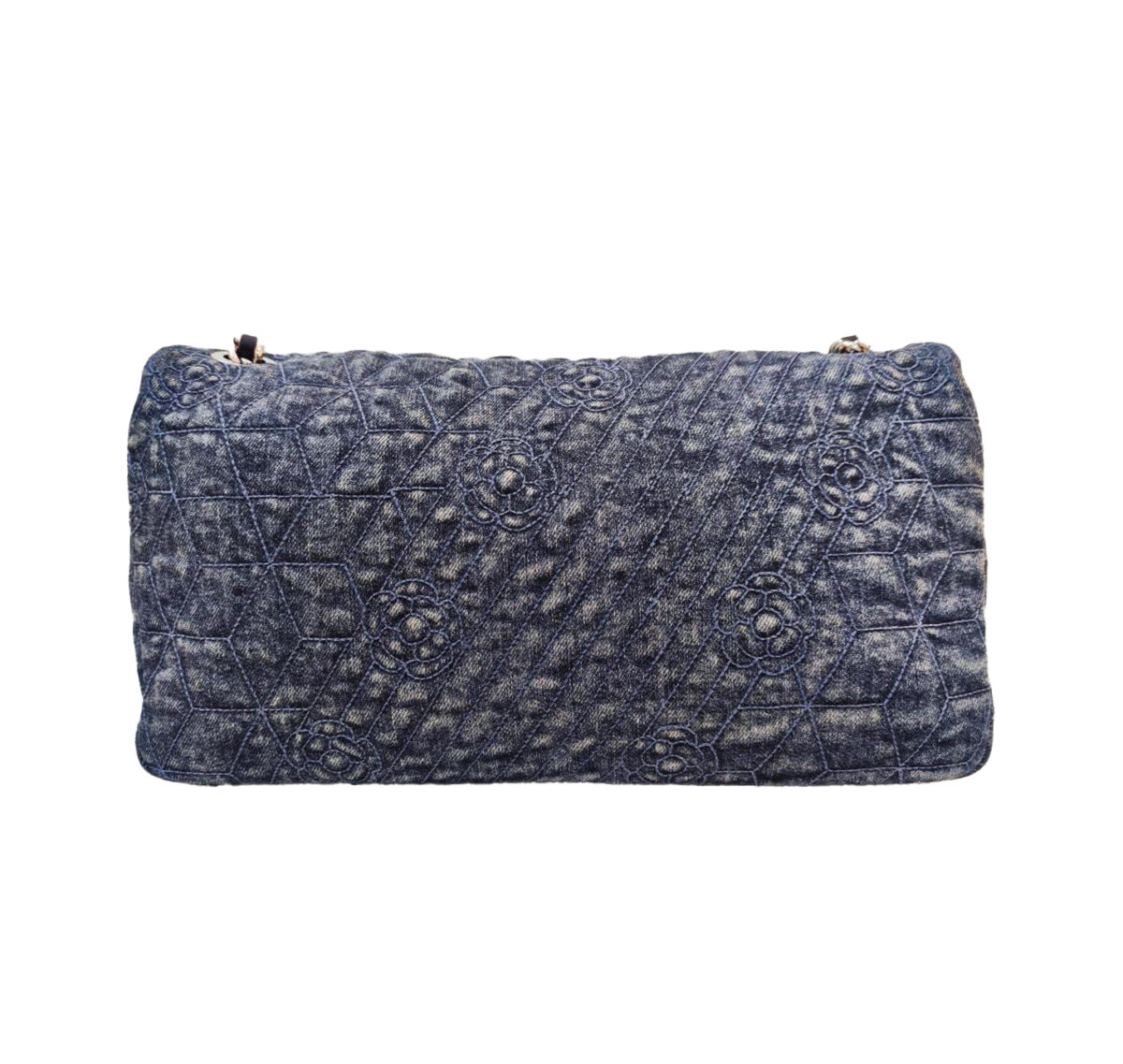 BLUE CAMELLIA EMBROIDERED QUILTED DENIM FLAP BAG SILVER HARDWARE