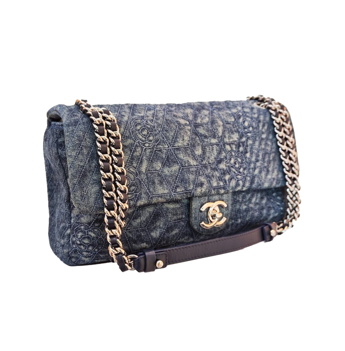 BLUE CAMELLIA EMBROIDERED QUILTED DENIM FLAP BAG SILVER HARDWARE