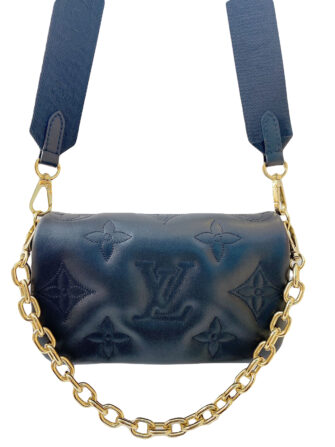 BLACK PADDED CALFSKIN MONOGRAM PATTERN BUBBLEGRAM WALLET ON STRAP