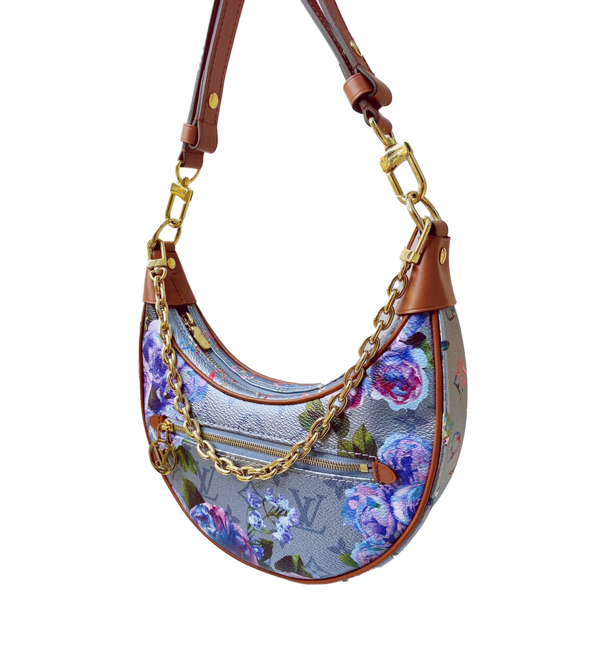 BLUE FLORAL PRINT LOOP BAGUETTE BAG