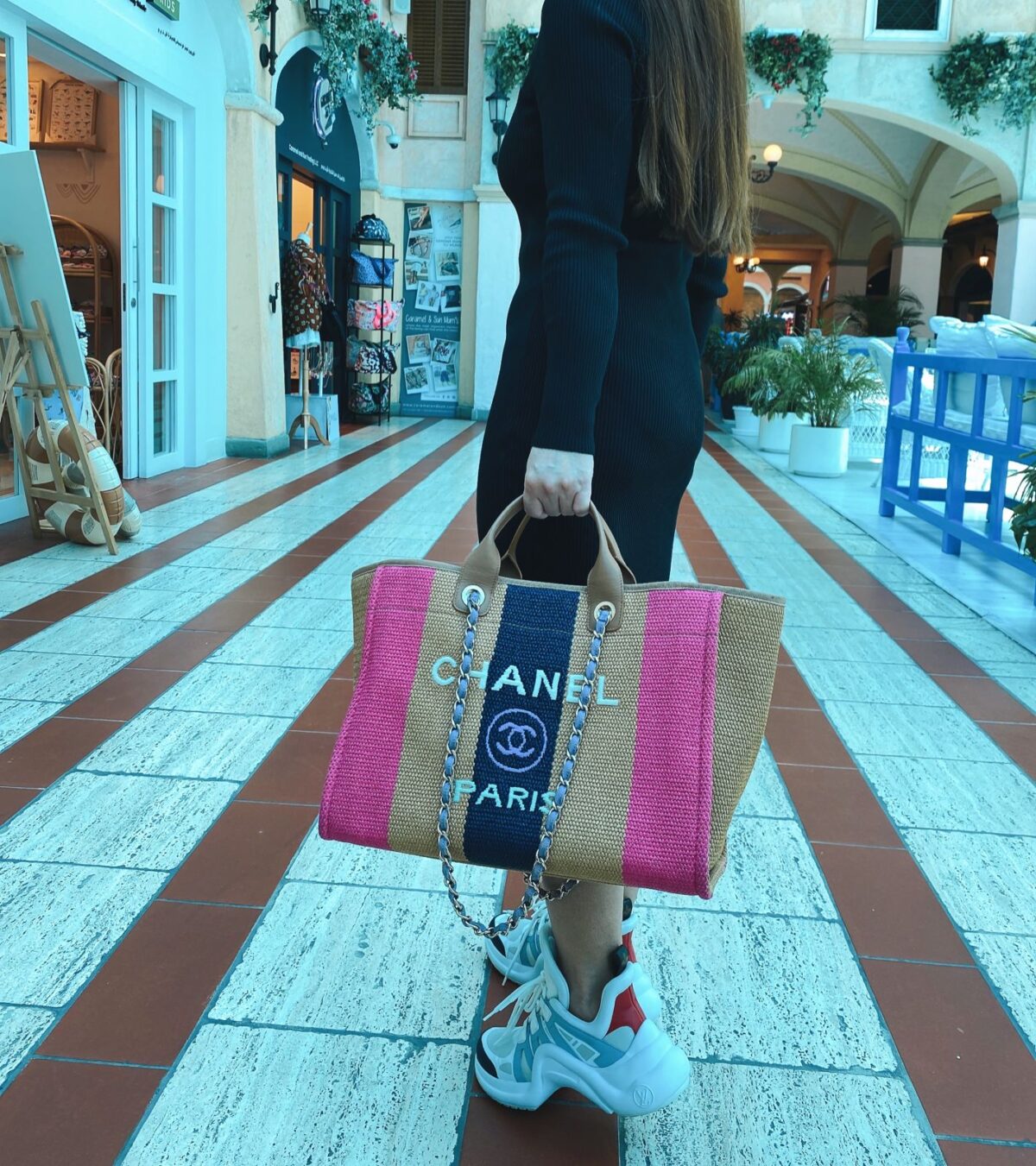 MULTICOLOUR STRIPED STRAW RAFFIA LARGE DEAUVILLE TOTE BAG