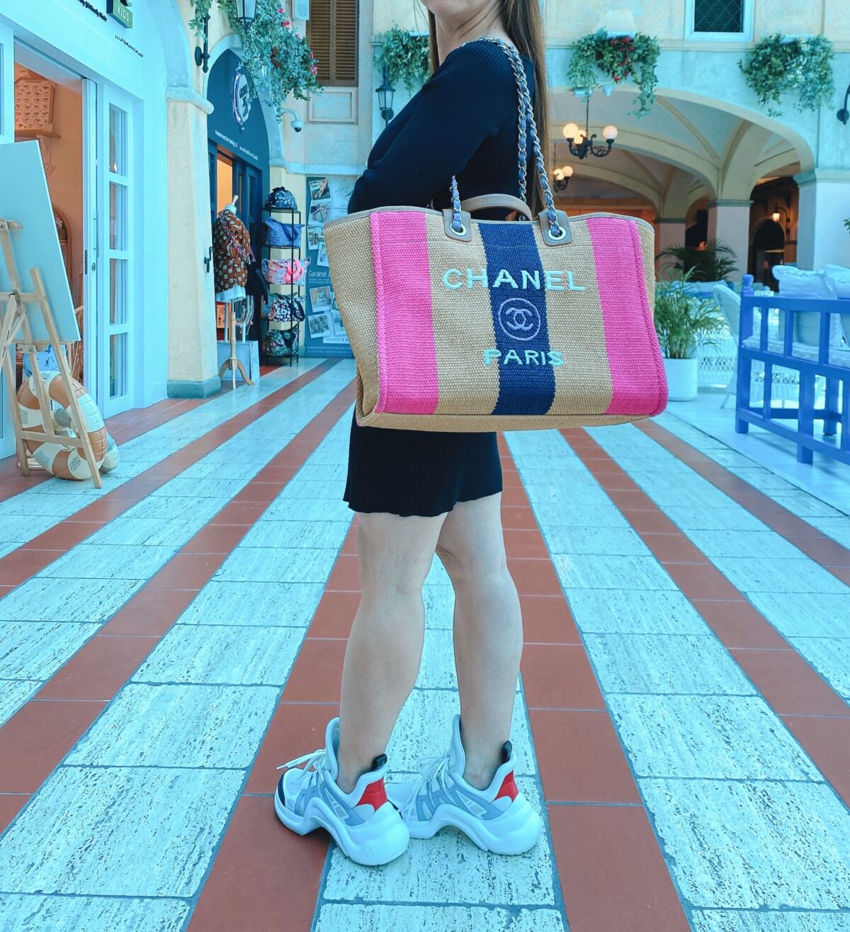 MULTICOLOUR STRIPED STRAW RAFFIA LARGE DEAUVILLE TOTE BAG