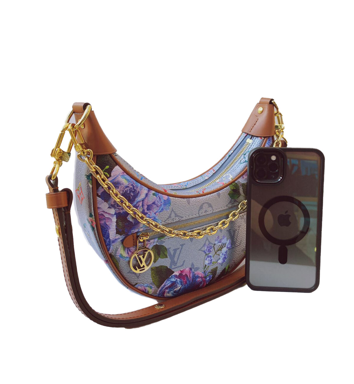 BLUE FLORAL PRINT LOOP BAGUETTE BAG
