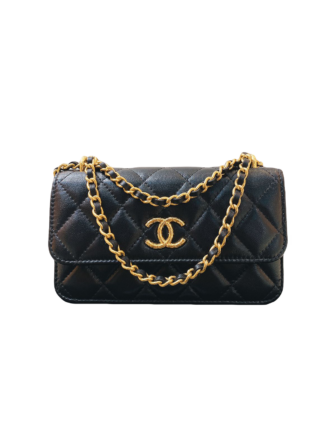 BLACK LAMBSKIN LEATHER FLAP PHONE HOLDER WITH CHAIN