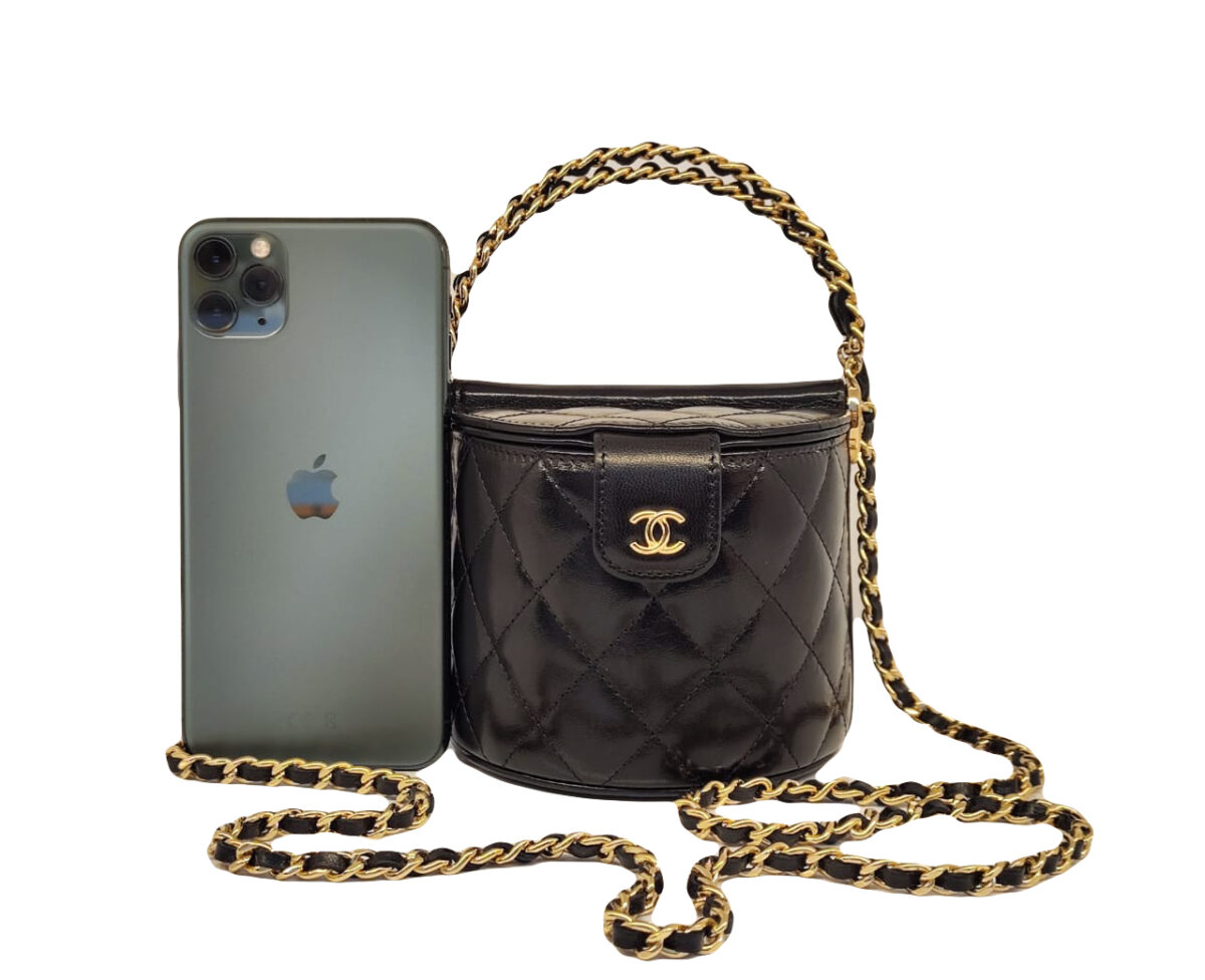 BLACK QUILTED LAMBSKIN LEATHER VANITY ROUND TOP HANDLE BAG