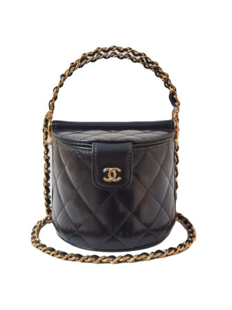 BLACK QUILTED LAMBSKIN LEATHER VANITY ROUND TOP HANDLE BAG