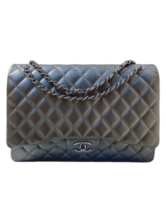 GREY METALLIC LAMBSKIN LEATHER CLASSIC MAXI DOUBLE FLAP BAG GLOSSY RUTHENIUM HARDWARE