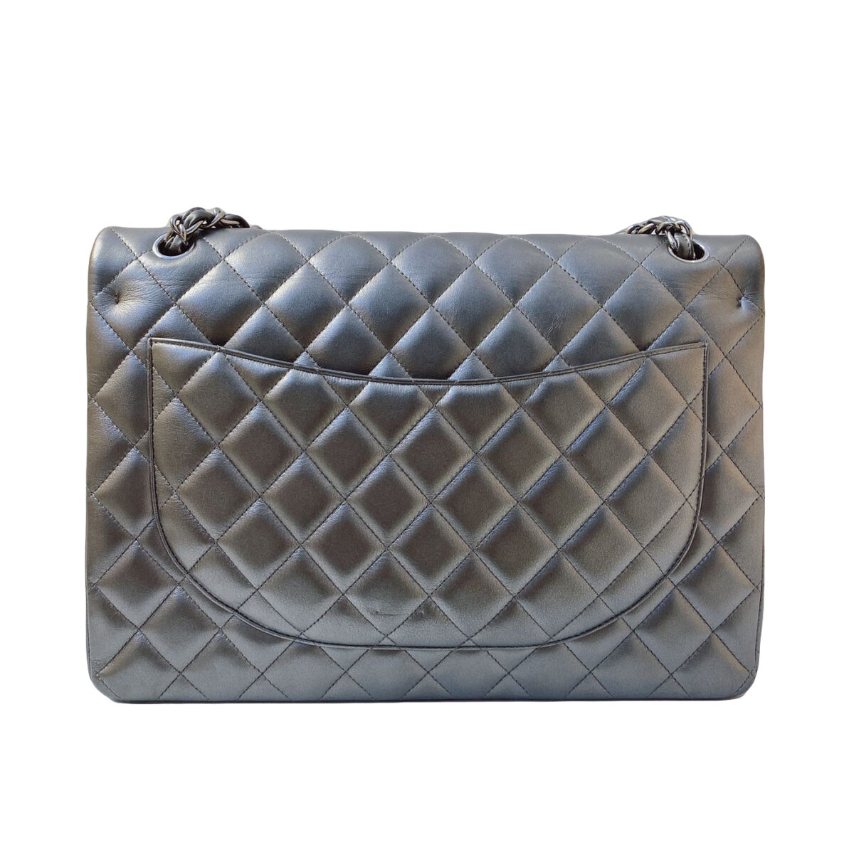 GREY METALLIC LAMBSKIN LEATHER CLASSIC MAXI DOUBLE FLAP BAG GLOSSY RUTHENIUM HARDWARE