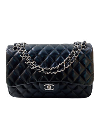 BLACK LAMBSKIN LEATHER CLASSIC JUMBO DOUBLE FLAP BAG