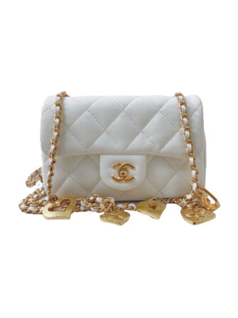 WHITE LAMBSKIN QUILTED HEART CHARMS MINI FLAP BAG