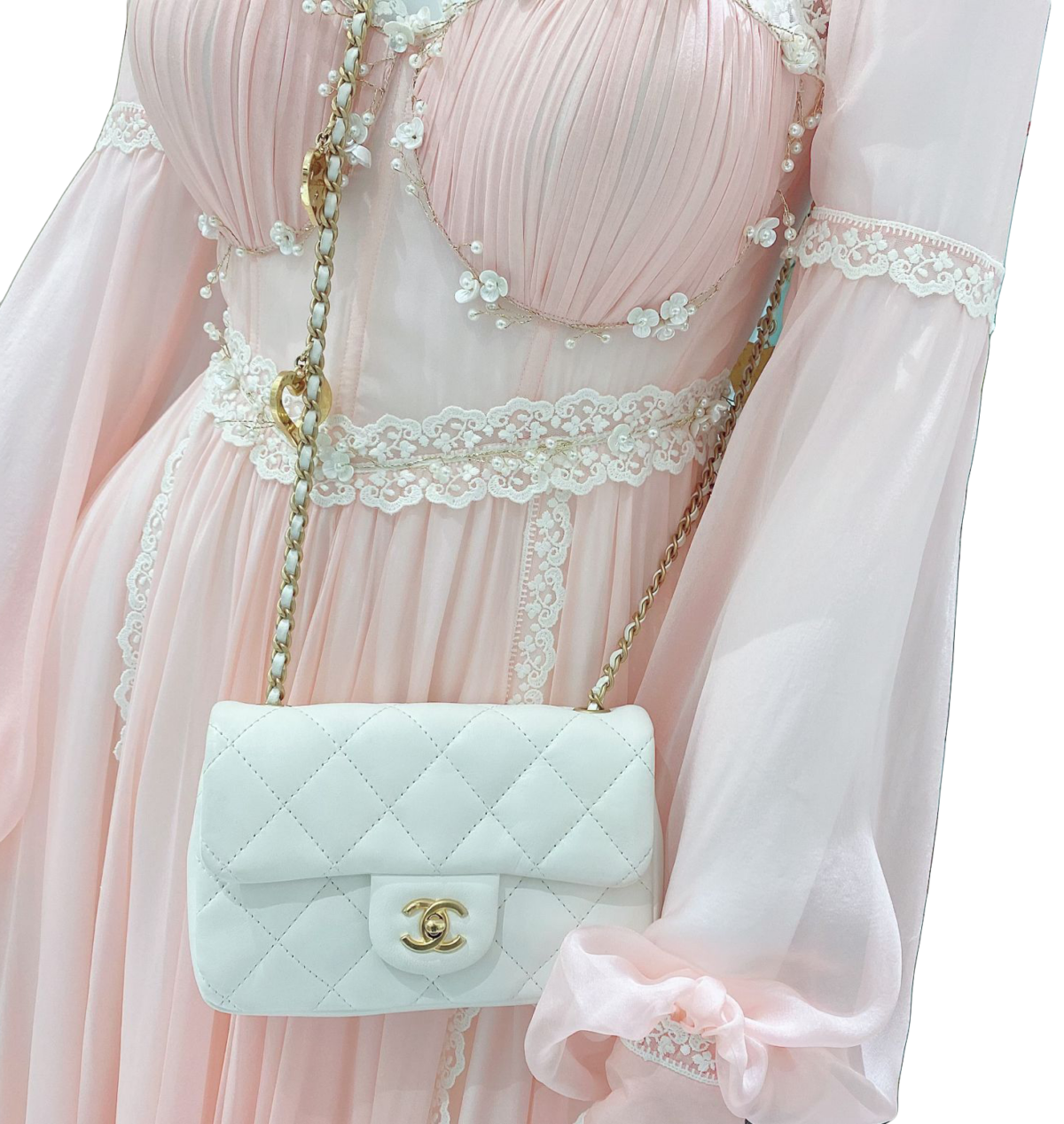 WHITE LAMBSKIN QUILTED HEART CHARMS MINI FLAP BAG