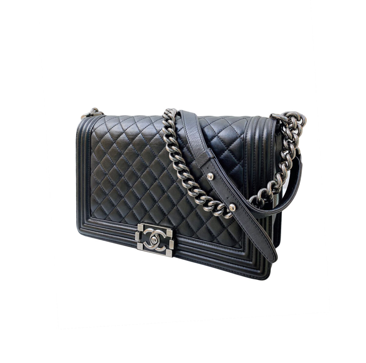 BLACK CALFSKIN LEATHER BOY HANDBAG