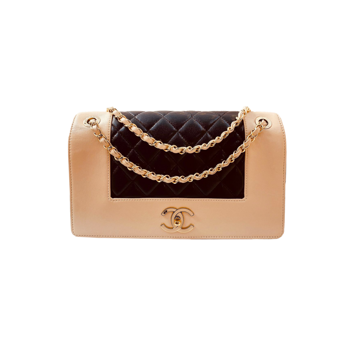 BEIGE BLACK SHEEPSKIN QUILTED VINTAGE MADEMOISELLE FLAP BAG