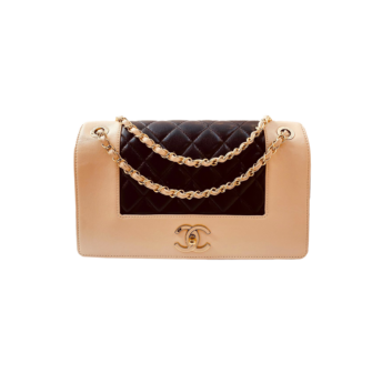 BEIGE BLACK SHEEPSKIN QUILTED VINTAGE MADEMOISELLE FLAP BAG
